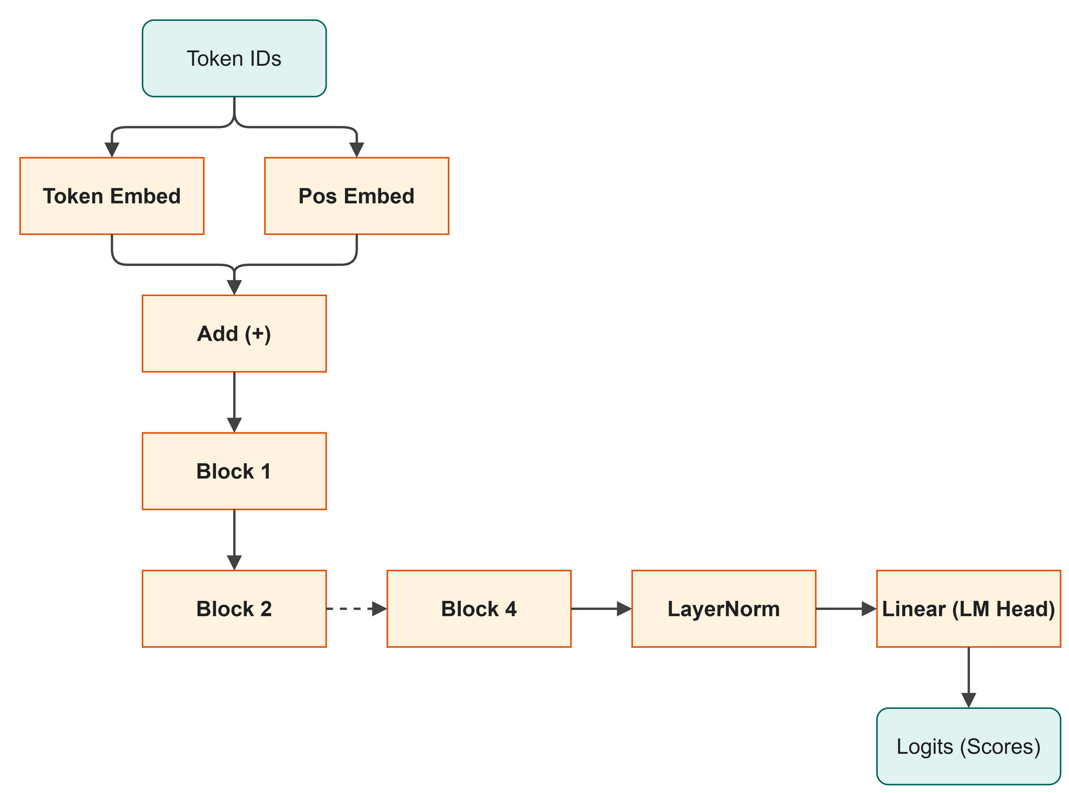 The pipeline flows from embeddings through blocks to the LM head
